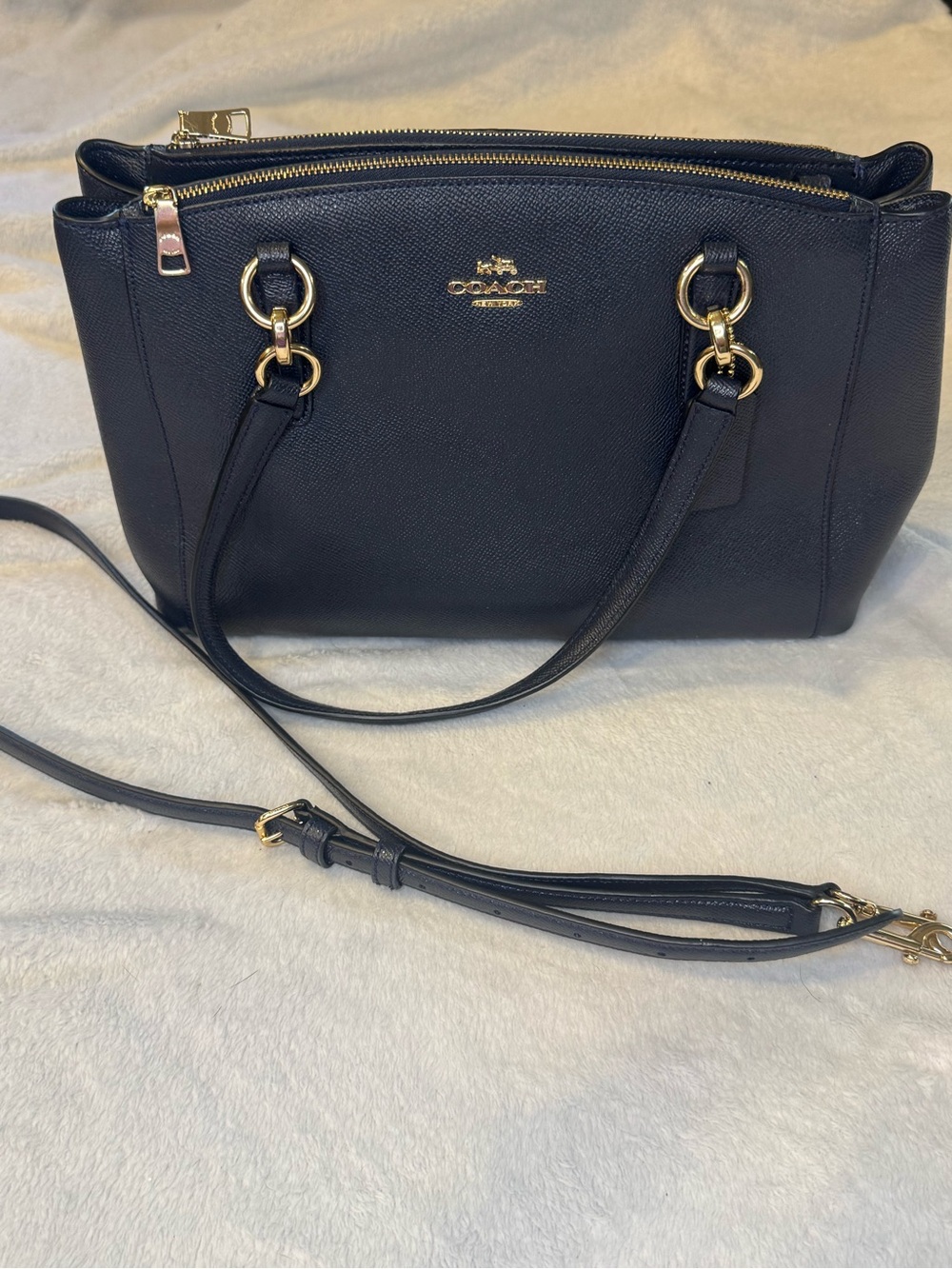 Coach Navy Leather Double-Zip Tote with Gold Hardware